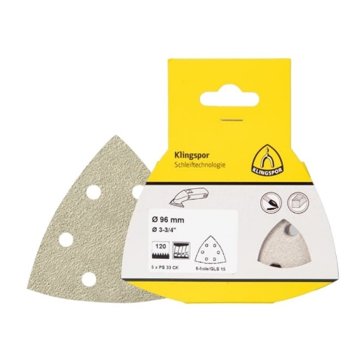 Afbeeldingen van Klingspor 5 stuks PS 33 CK schuurdriehoek met klittenband voor hout, verf en plamuur 96mm, korrel 40, vorm GLS15 - 366850