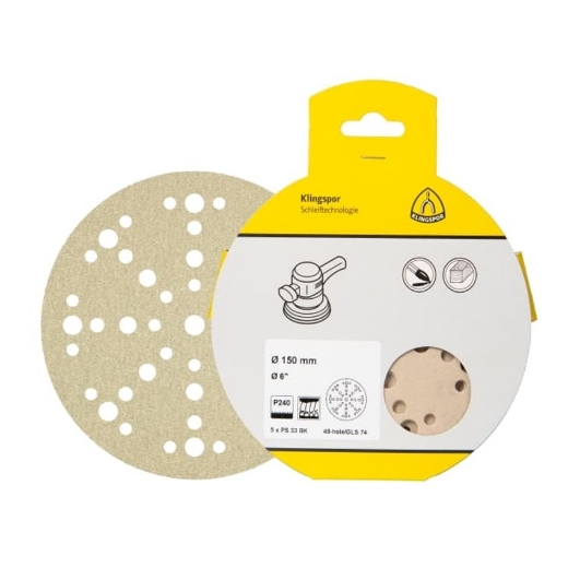 Afbeeldingen van Klingspor 5 stuks PS 33 BK schuurschijf met papieren onderlaag en klittenband voor hout, verf & plamuur 150mm, korrel 320, vorm GLS3 - 360329