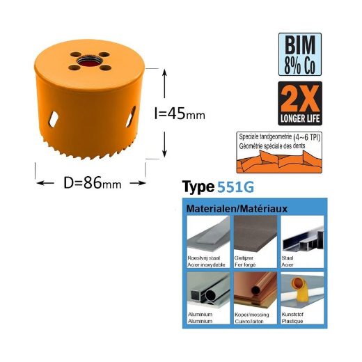 Afbeeldingen van CMT Gatzaag zonder adapter voor metaal en non-ferro metalen Bi-metaal D=86mm - GRN - 551-086G