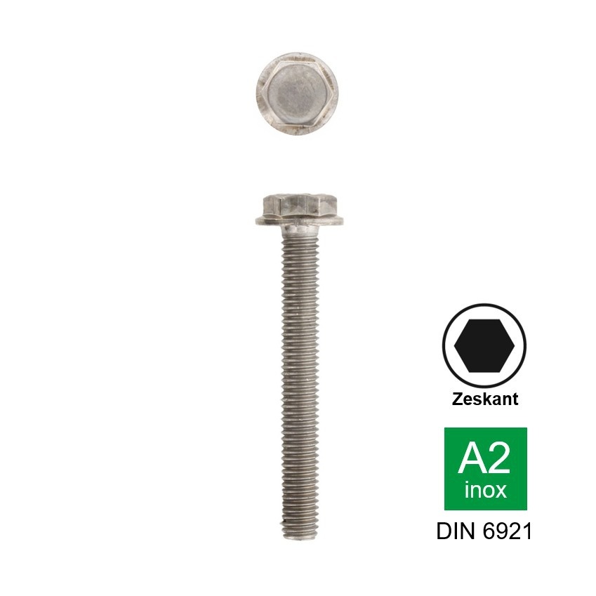 Zeskantflensbout met vertanding onder kop en volledige draad Din 6921 inox A2-70