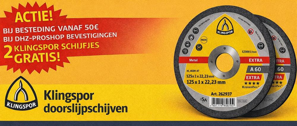 Bestel voor meer dan 50€ Dhz-prosho bevestigingen en ontvang 2 Klingspor schijfjes gratis!